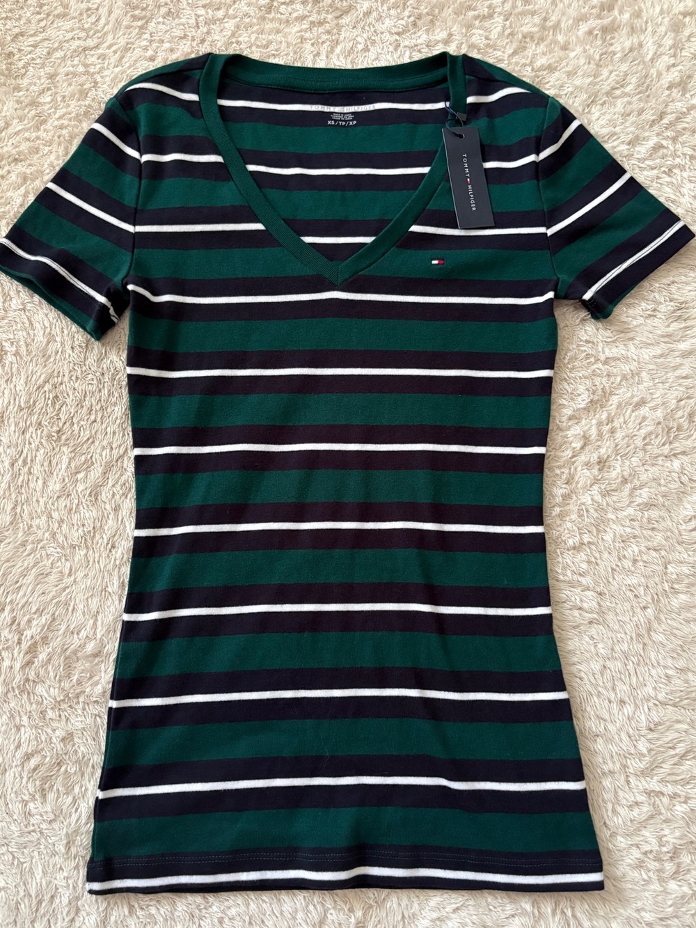 Tommy Hilfiger Green & Navy Striped V‑Neck Short Sleeve Tee NWT
